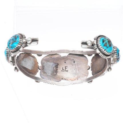 7" Vintage LF Navajo  sterling silver featherwork turquoise row cuff bracelet