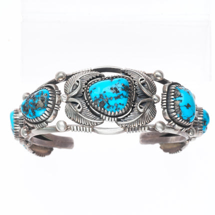 7" Vintage LF Navajo  sterling silver featherwork turquoise row cuff bracelet