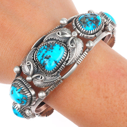 7" Vintage LF Navajo  sterling silver featherwork turquoise row cuff bracelet