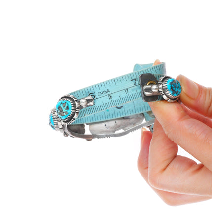 7" Vintage LF Navajo  sterling silver featherwork turquoise row cuff bracelet