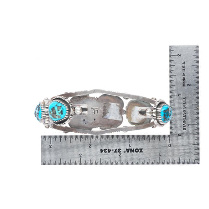 7" Vintage LF Navajo  sterling silver featherwork turquoise row cuff bracelet