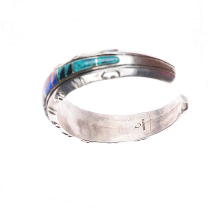 6.4" Tom David Navajo sterling silver channel inlay cuff bracelet web turquoise