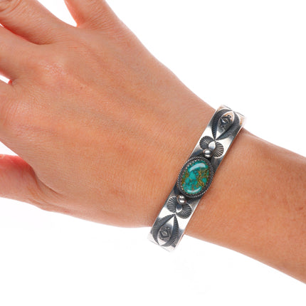 6.6" Robert Chee Navajo deep stamped sterling silver cuff bracelet w/turquoise