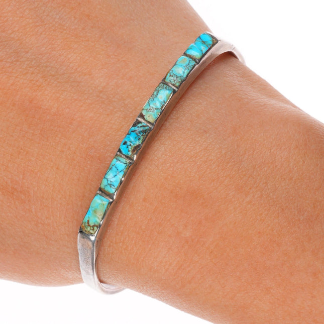 6.2" 40's-50's Zuni carved #8 turquoise sterling silver slim stacker cuff bracelet