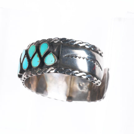 6.5" Vintage 40's-50's Zuni sterling silver flush inlay turquoise cuff bracelet