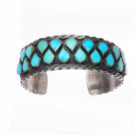 6.5" Vintage 40's-50's Zuni sterling silver flush inlay turquoise cuff bracelet