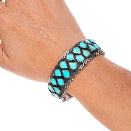 6.5" Vintage 40's-50's Zuni sterling silver flush inlay turquoise cuff bracelet