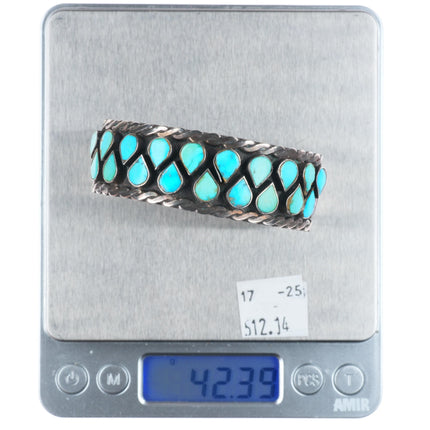 6.5" Vintage 40's-50's Zuni sterling silver flush inlay turquoise cuff bracelet