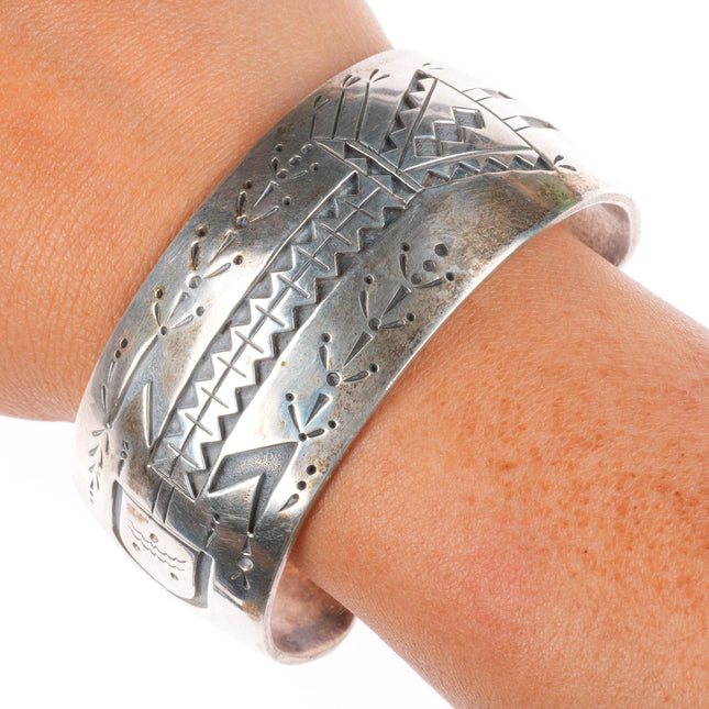 7.1" Garrison Boyd Navajo sterling silver wide band Yei overlay cuff bracelet