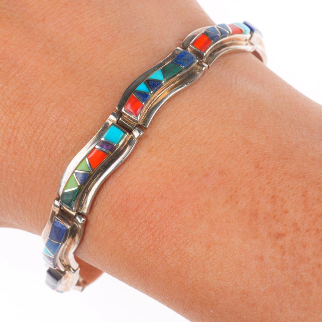 7" retro southwestern sterling silver multi-stone inlay link bracelet