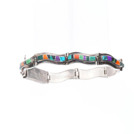 6.5" Livingston/Calvin Begay Navajo sterling silver stone inlay link bracelet