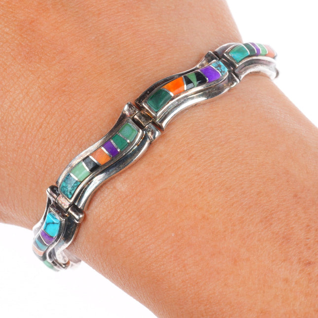 6.5" Livingston/Calvin Begay Navajo sterling silver stone inlay link bracelet