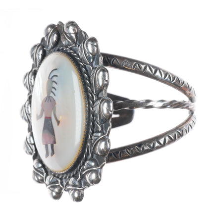 7" Vintage JF Zuni sterling silver shell inlay Kachina Dancer cuff bracelet