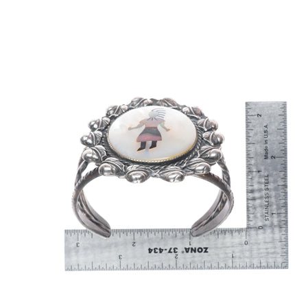 7" Vintage JF Zuni sterling silver shell inlay Kachina Dancer cuff bracelet