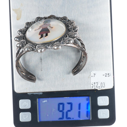 7" Vintage JF Zuni sterling silver shell inlay Kachina Dancer cuff bracelet