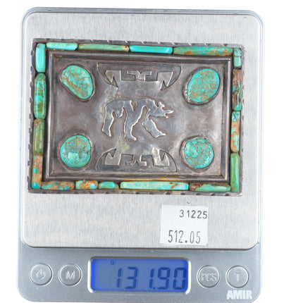 Heavy Vintage Navajo sterling silver turquoise inlay bear belt buckle