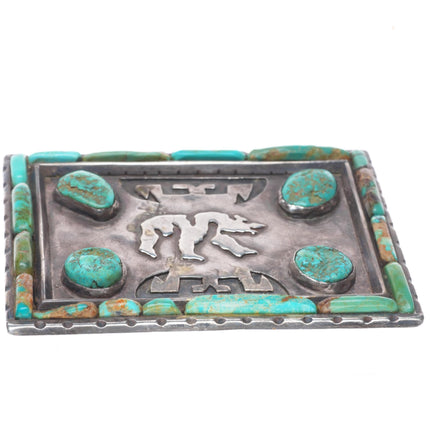 Heavy Vintage Navajo sterling silver turquoise inlay bear belt buckle