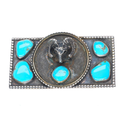 Heavy Vintage Navajo sterling silver turquoise elk bust belt buckle