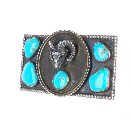 Heavy Vintage Navajo sterling silver turquoise elk bust belt buckle