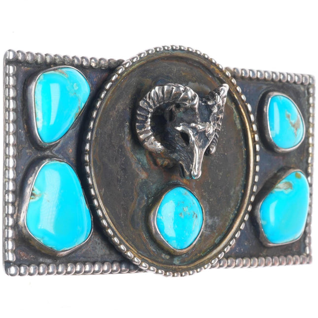 Heavy Vintage Navajo sterling silver turquoise elk bust belt buckle