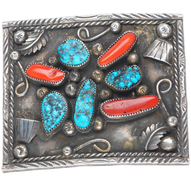 Vintage Navajo sterling silver, turquoise, branch coral belt buckle