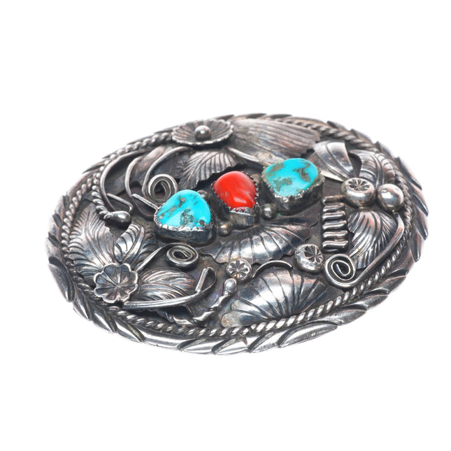 Vintage Navajo sterling silver Atkinson Trading post turquoise/coral belt buckle