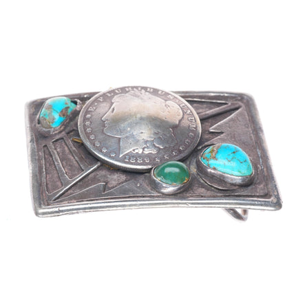 Vintage Navajo sterling turquoise belt buckle with Silver us coin