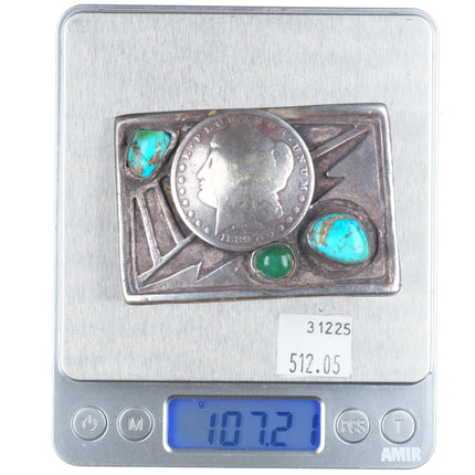 Vintage Navajo sterling turquoise belt buckle with Silver us coin