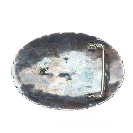 Vintage Navajo sterling silver turquoise cluster belt buckle with stamped rim