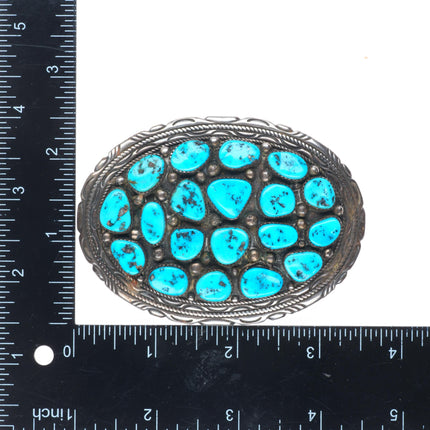 Vintage Navajo sterling silver turquoise cluster belt buckle with stamped rim