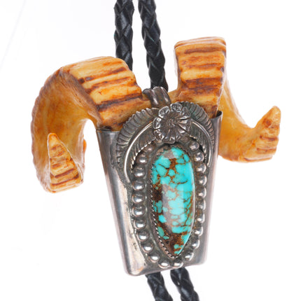 Vintage Navajo sterling silver red spiderweb turquoise carved elk horn bolo tie