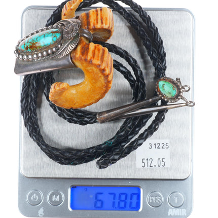 Vintage Navajo sterling silver red spiderweb turquoise carved elk horn bolo tie