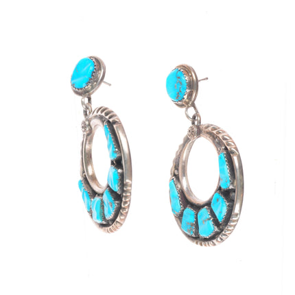 Vintage G&L Leekity Zuni sterling silver turquoise cluster dangle hoop earrings