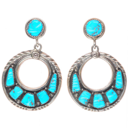 Vintage G&L Leekity Zuni sterling silver turquoise cluster dangle hoop earrings