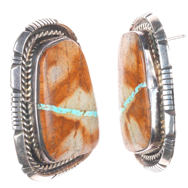 JH Navajo sterling silver ribbon boulder turquoise large earrings
