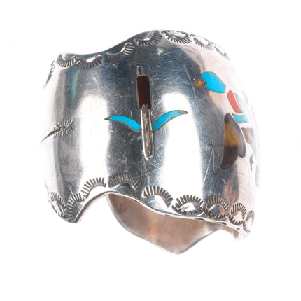 6.25" W Silvers Vintage Navajo sterling silver wide duck inlay cuff bracelet