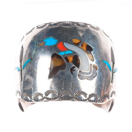 6.25" W Silvers Vintage Navajo sterling silver wide duck inlay cuff bracelet