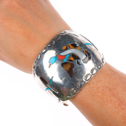 6.25" W Silvers Vintage Navajo sterling silver wide duck inlay cuff bracelet