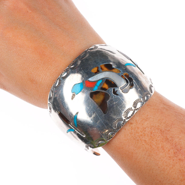 6.25" W Silvers Vintage Navajo sterling silver wide duck inlay cuff bracelet
