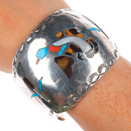 6.25" W Silvers Vintage Navajo sterling silver wide duck inlay cuff bracelet