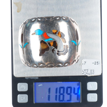 6.25" W Silvers Vintage Navajo sterling silver wide duck inlay cuff bracelet