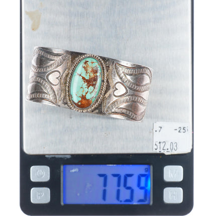 7" c1940 Vintage Navajo intricately stamped/chiseled cuff bracelet w/ turquoise