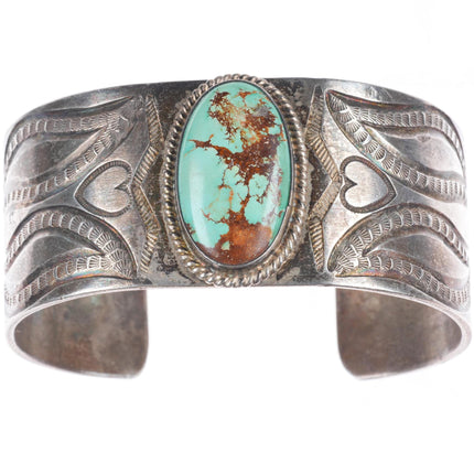 7" c1940 Vintage Navajo intricately stamped/chiseled cuff bracelet w/ turquoise
