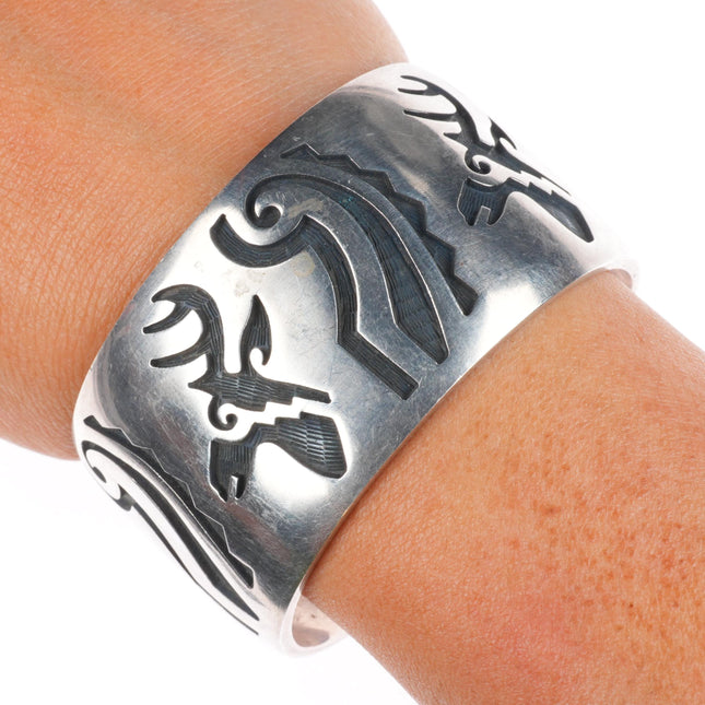6.6" Larry Pooyouma Hopi overlay wide deer sterling silver cuff bracelet