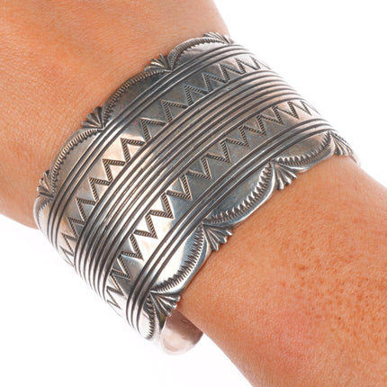 6.8" Vintage Navajo sterling silver wide band heavy stamped cuff bracelet