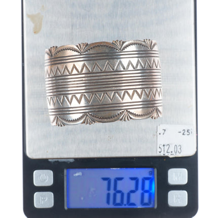 6.8" Vintage Navajo sterling silver wide band heavy stamped cuff bracelet