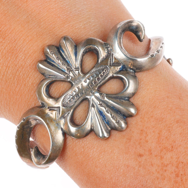 6" Vintage Zuni or Navajo tufa cast ingot silver stamped cuff bracelet