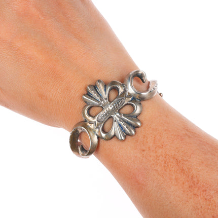 6" Vintage Zuni or Navajo tufa cast ingot silver stamped cuff bracelet