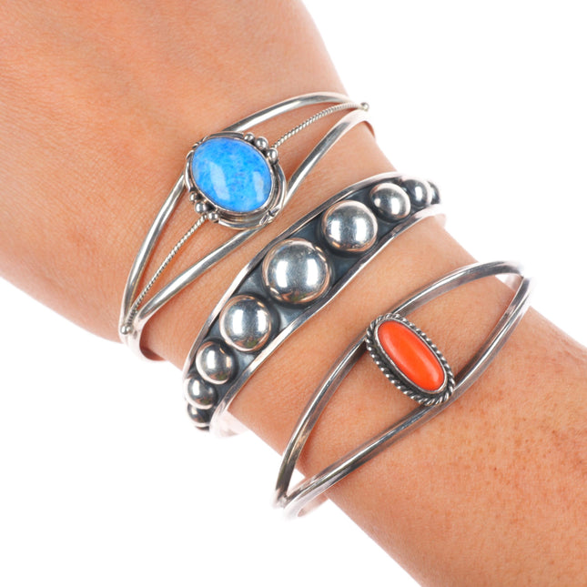 6.5" Vintage Navajo/Mexican sterling silver coral/denim lapis cuff bracelet