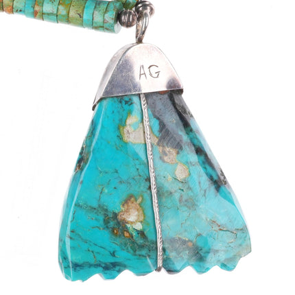 Vintage Zuni/Santo Domingo sterling silver carved turquoise leaf Heishi necklace